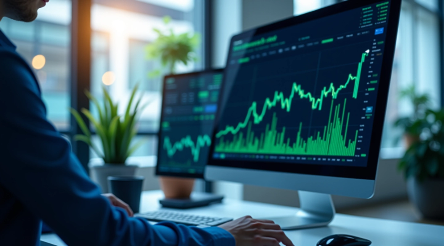 Kompiuterio ekranas su finansiniais grafikais ir analizės diagramomis, rodančiomis duomenų trendus ir prognozavimo modelius