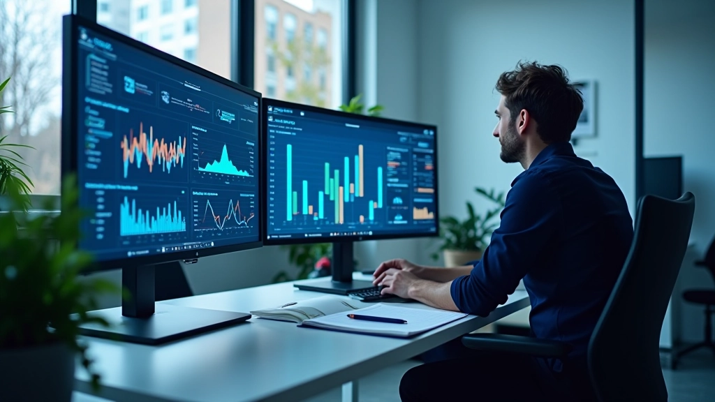 Moderni technologijų darbo vieta su keliais monitoriais rodančiais prognozavimo rezultatus